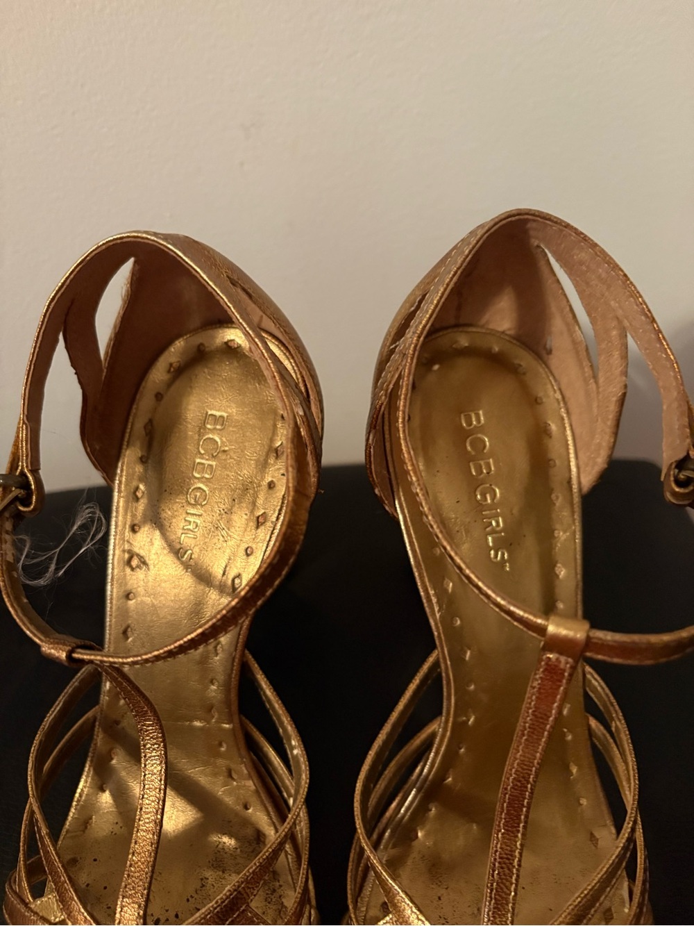 BCBGirls Metallic Bronze Strappy T‑Bar High Heel Sandals - Picture 7 of 9